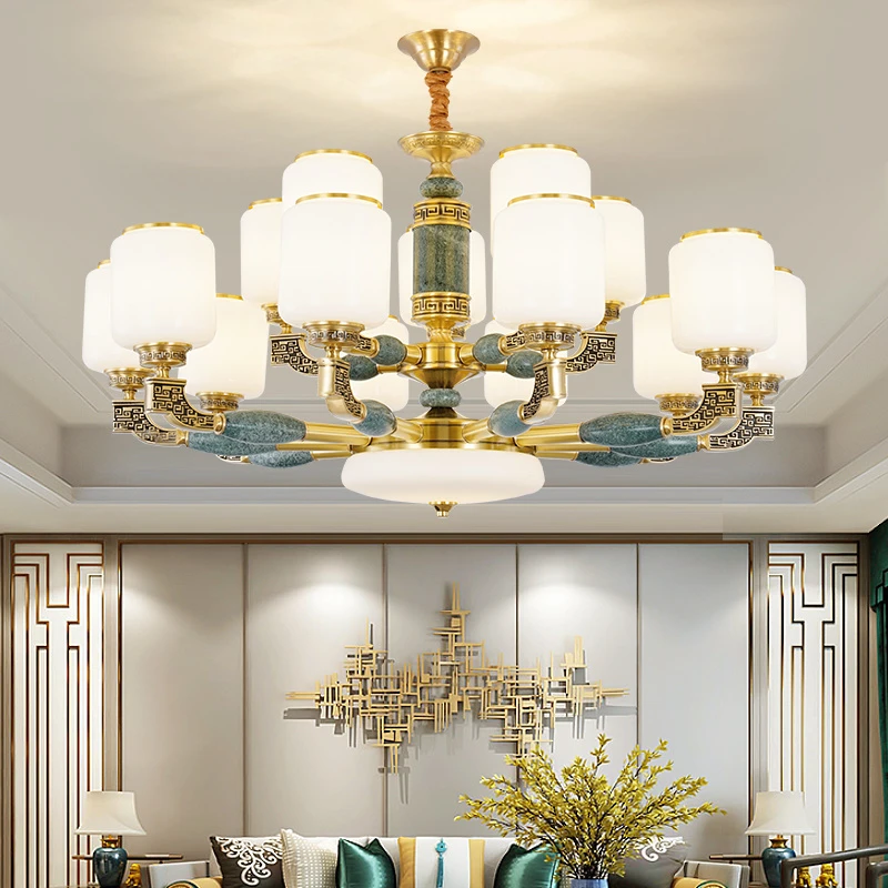 新中式吊灯灯饰铜加翡翠绿客厅灯餐厅中国风现代轻奢大气餐厅灯具