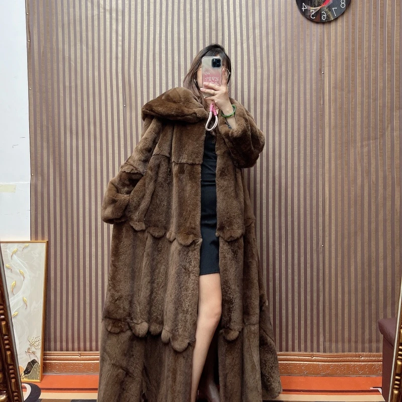 “暮色古堡”进口真獭兔毛皮草外套女秋冬长款皮毛一体大衣宽松时尚