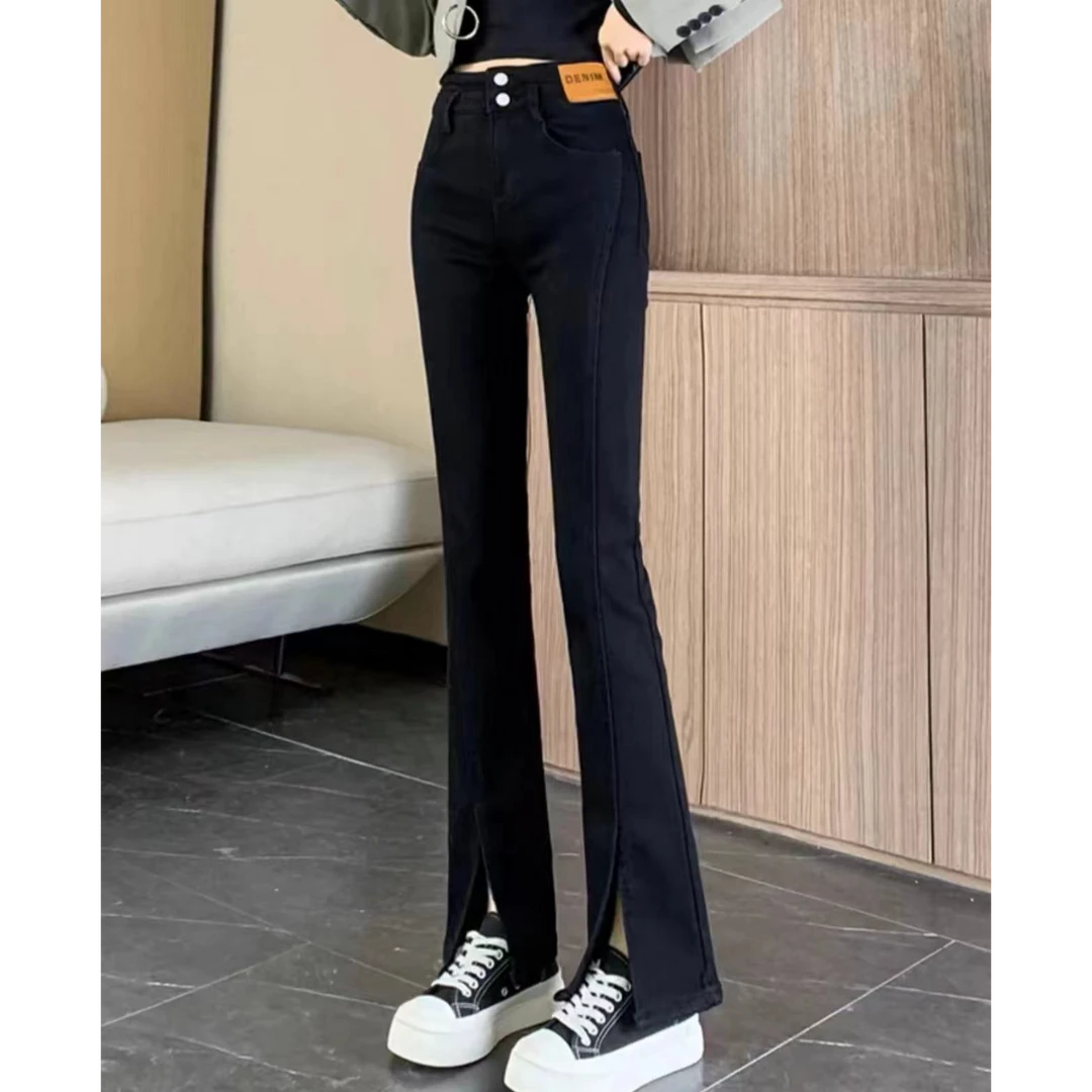 黑色微喇2024春秋时尚小个子开叉微喇裤修身高腰修身显瘦拖地裤