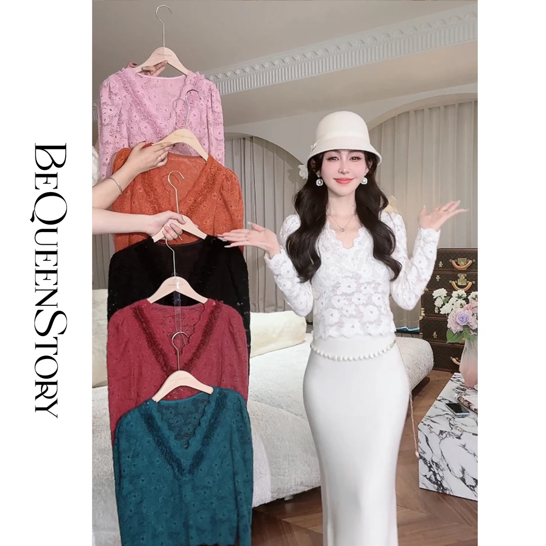 余潇潇【花海约定】气质百搭法式V领蕾丝花边正肩长袖打底衫上衣女