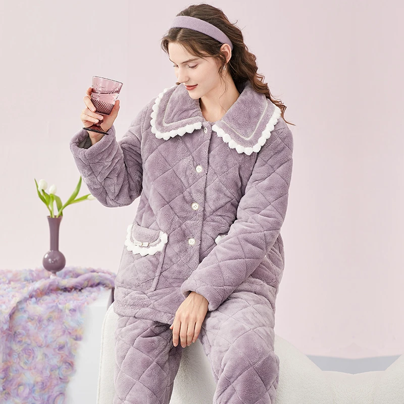 冬季夹棉抗静电睡衣女三层加绒加厚长款绒粒翻领保暖家居服套装