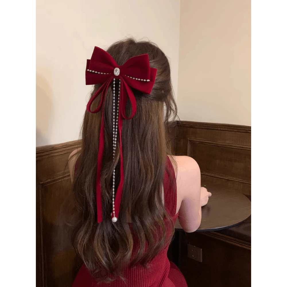 秋冬珍珠蝴蝶结飘带发夹女发卡夹子后脑勺新年红色发饰公主头饰女