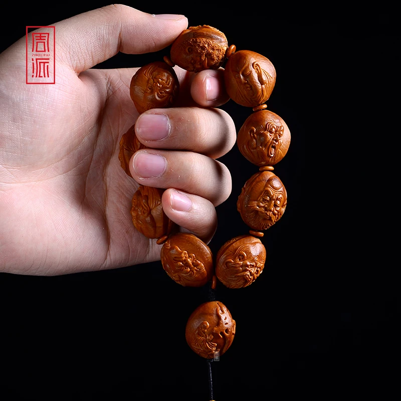 周派春毅核坊浮雕双面罗汉橄榄核手串文玩纯手工雕刻收藏品纯刀
