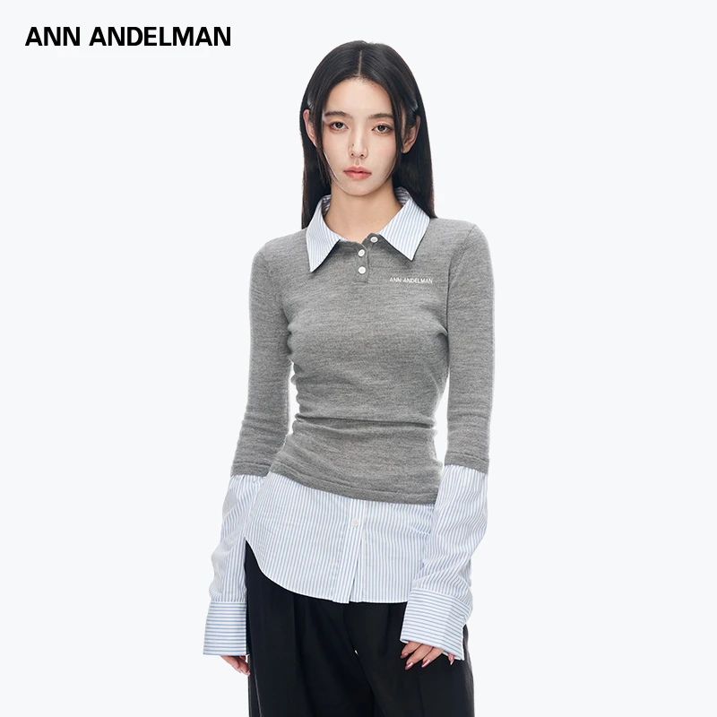 ANN ANDELMAN 25秋冬 拼接衬衫假两件套头毛衣毛针织衫