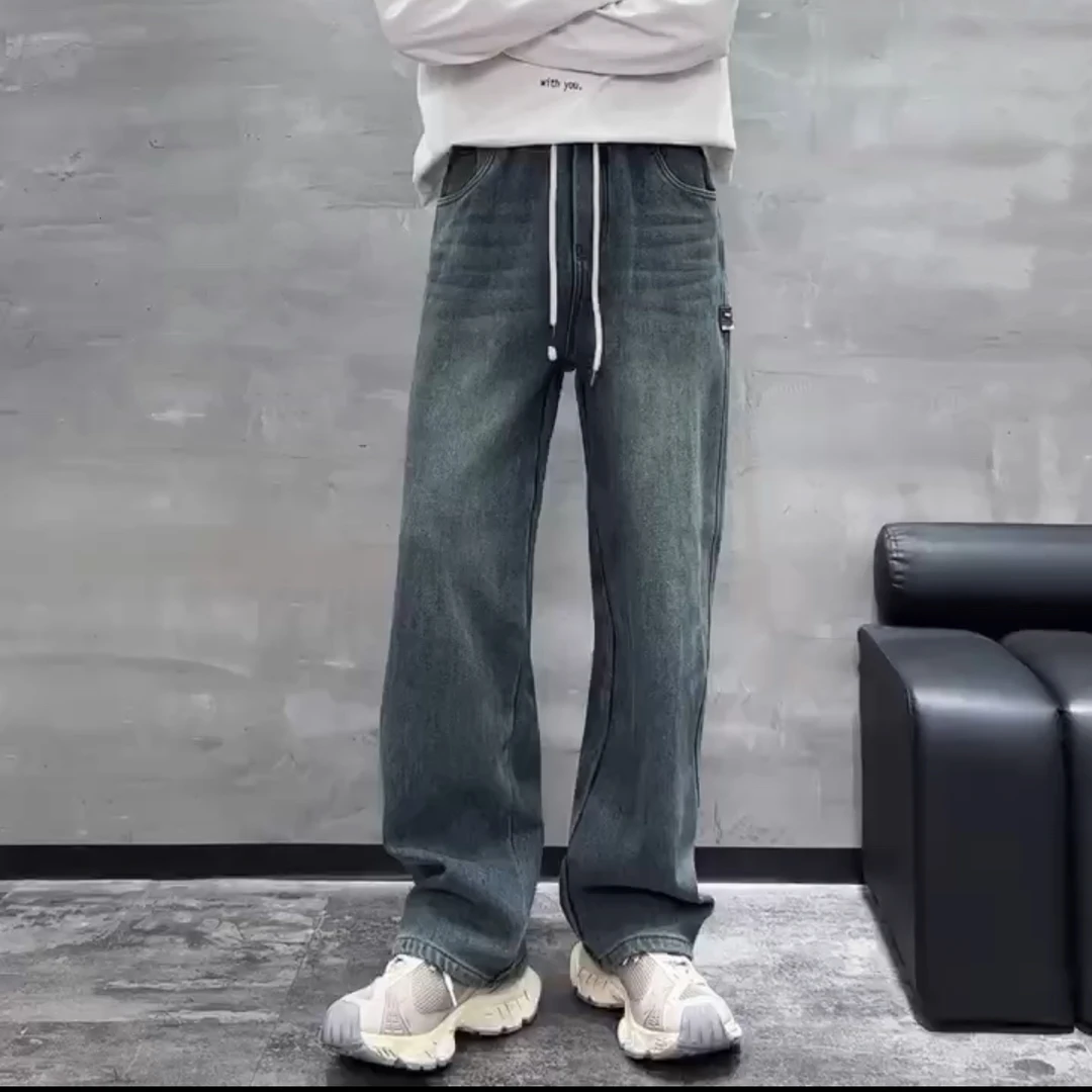 5900奥利绒加绒复古水洗拼接抽绳牛仔男街头直筒宽松阔腿长裤