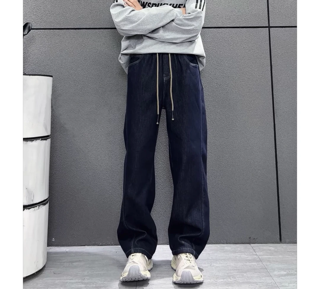 172男生冬季新款加绒复古水洗直筒原色牛仔裤美式宽松百搭潮