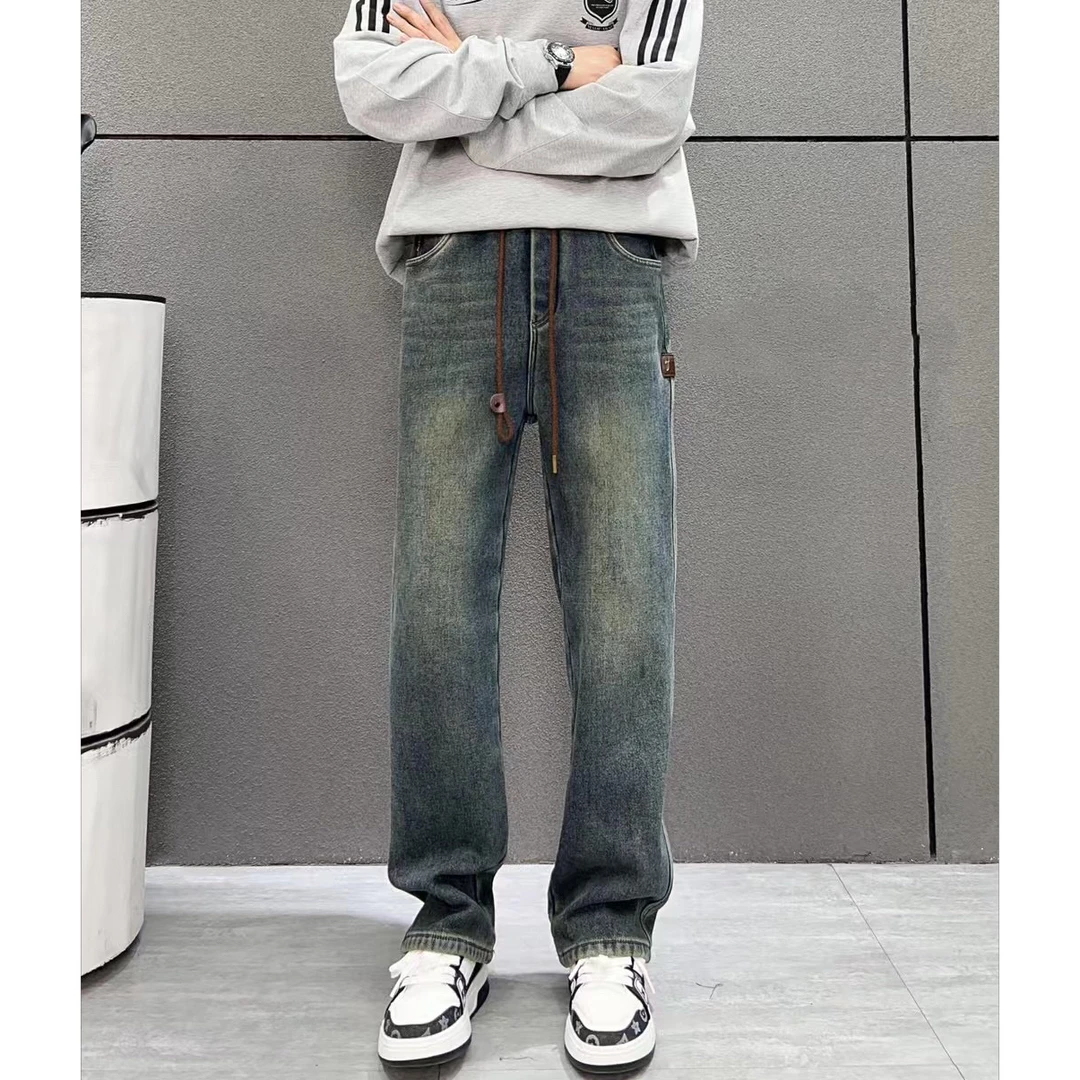 5862男生直筒牛仔裤加绒弹力复古悠闲怀旧冬季新款高品美式休闲