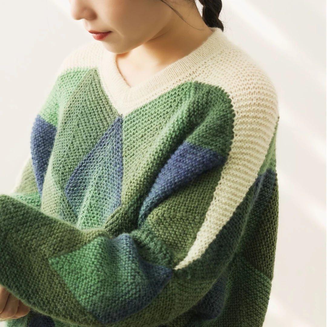 念羽多米诺套衫宽松落肩V领几何格纹毛衣慵懒风毛衣diy材料包