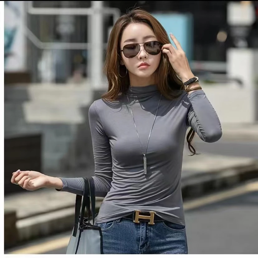 莫代尔高领修身打底衫高弹力长袖百搭纯色半高领秋冬保暖时尚洋气