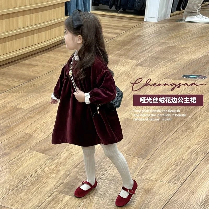 女童酒红丝绒连衣裙秋冬新款韩版宝宝洋气花边公