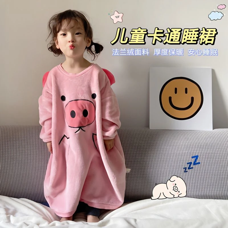 女童睡裙秋冬季加厚款珊瑚绒法兰绒女孩宝宝睡袍保暖儿童睡衣连体