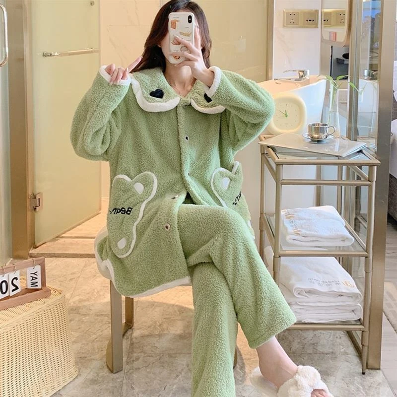 【馨馨家】桃心领绿可爱卡通加厚绒睡衣女秋冬季舒棉绒套装