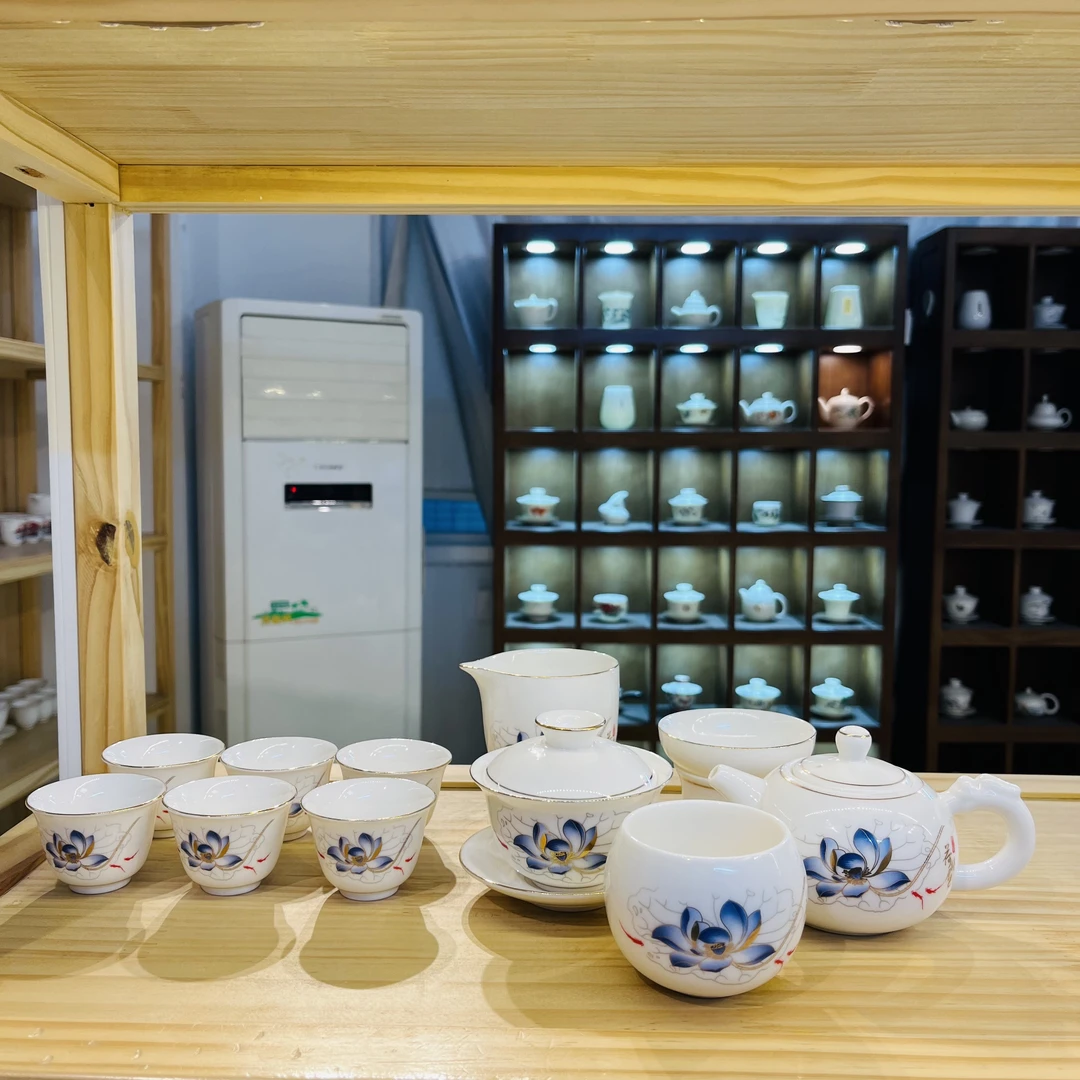 羊脂玉瓷蓝莲花茶具套装盖碗泡茶碗陶瓷家用白瓷简约茶具描金022