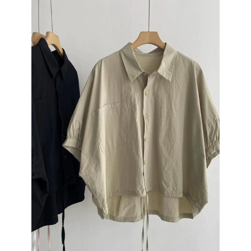 设计感蝙蝠袖五分袖衬衫女夏季新款宽松显瘦小众文艺棉质衬衣上衣