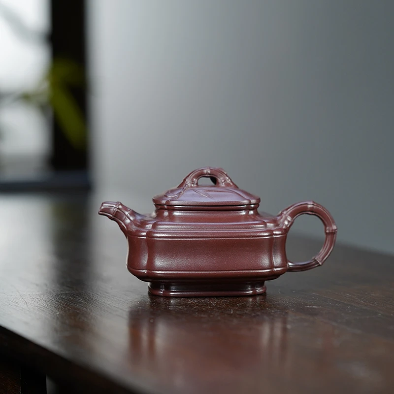 顾脉李氏老紫泥筋四方竹鼓180cc宜兴黄龙山原矿全手工紫砂壶