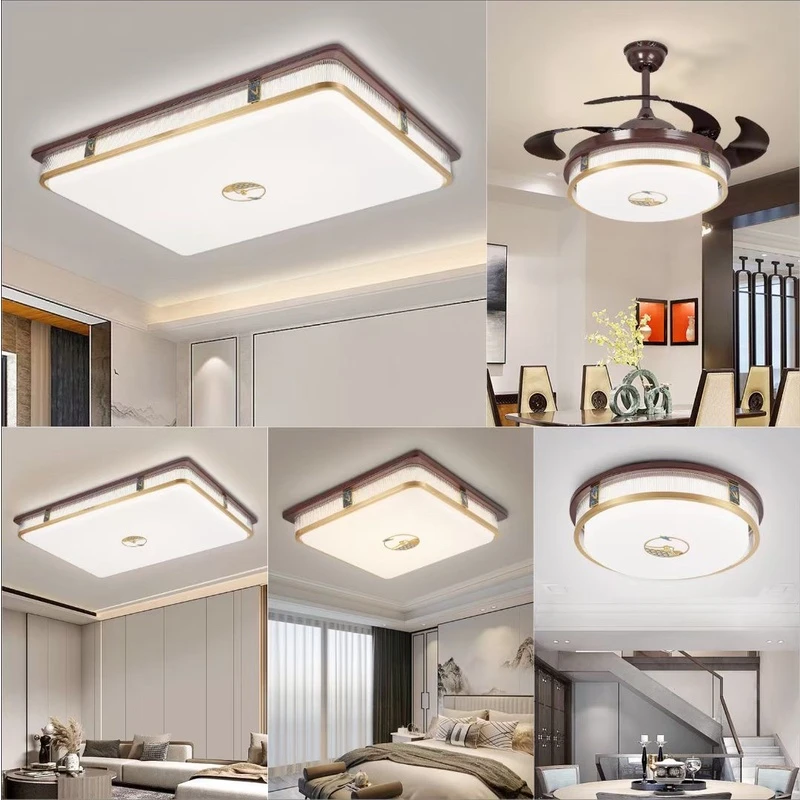 新中式吸顶灯2023新款LED简约大气全铜海棠木客厅餐厅房间中山灯