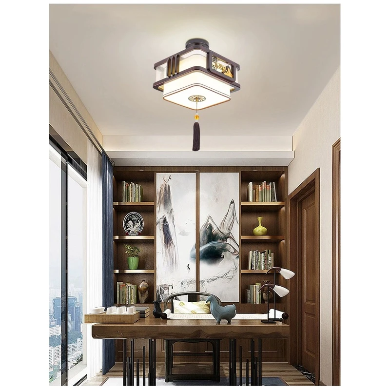 新中式过道灯走廊灯实木中国风禅意入户玄关灯圆形古典复古吸顶灯