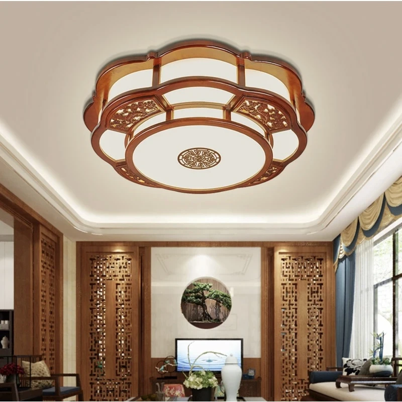 中式复古大气客厅灯卧室灯双层圆灯实木浮雕仿古家用大气大灯