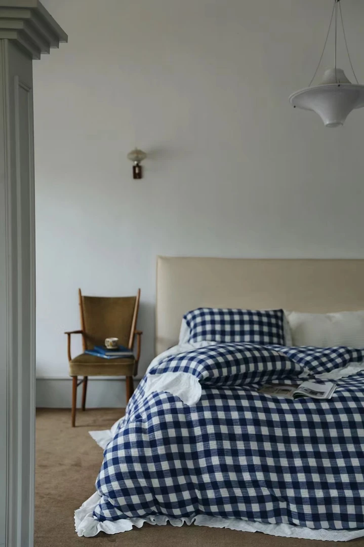 2024 新品全棉水洗云邹双层纱四件套法式蕾丝花边色织复古蓝格子