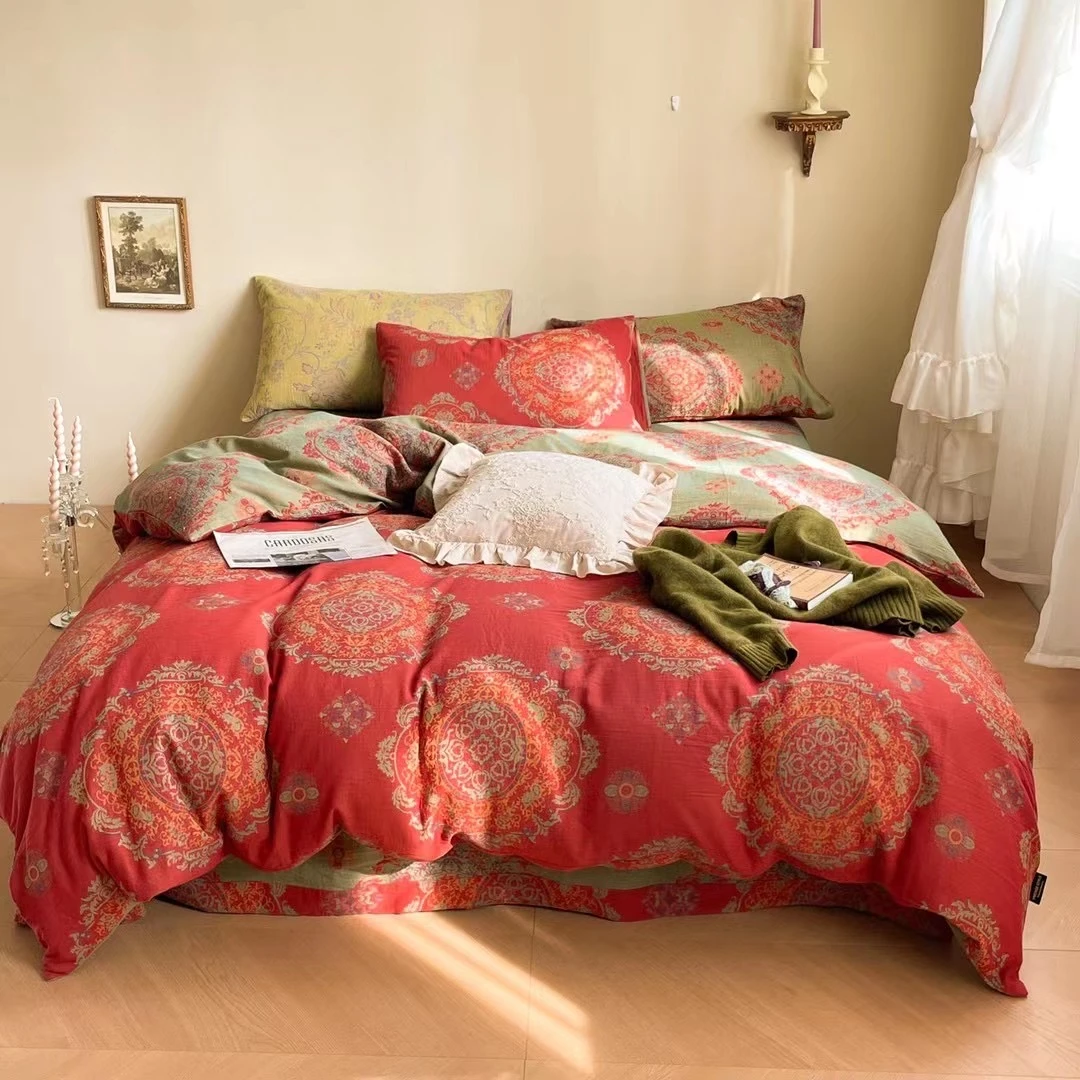 三百夜全棉色织双层纱四件套 大提花四经四纬轻奢纯棉床品精梳