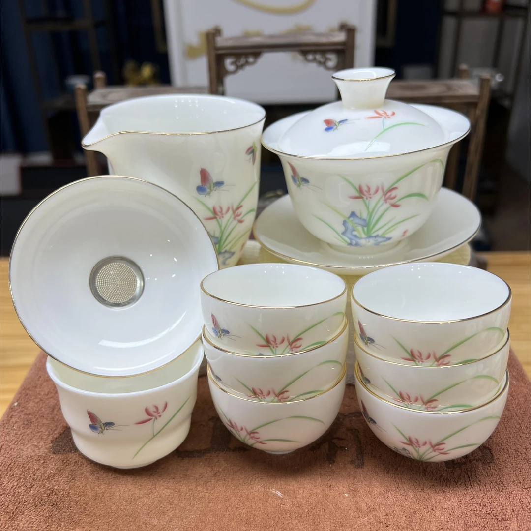 【山上有窑】羊脂玉瓷新兰花套装功夫茶具三才盖碗简约不带礼盒套装