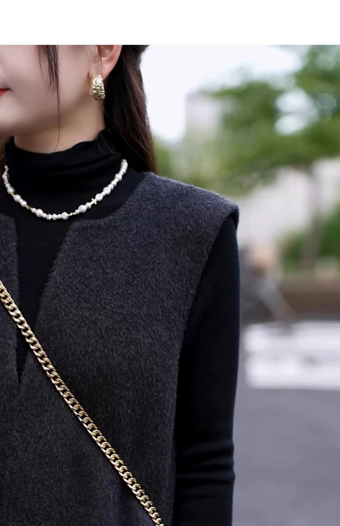 时尚通勤La纯色V领拉链羊毛马甲宽松无袖坎肩背心新款中长外套