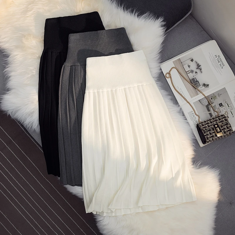 加厚针织半身裙秋冬新款韩版宽边腰显瘦百褶裙小个子a字裙