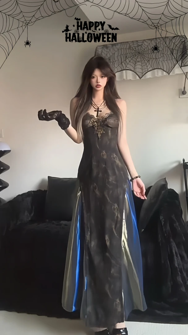 【薄荷雪糕】油画复古拼接吊带连衣裙女夏新款中式长裙宽松披肩开衫