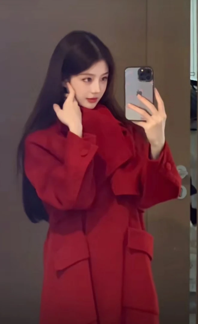 【薄荷雪糕】2024新款气质红色气质款毛呢时尚百搭宽松长袖大衣外套