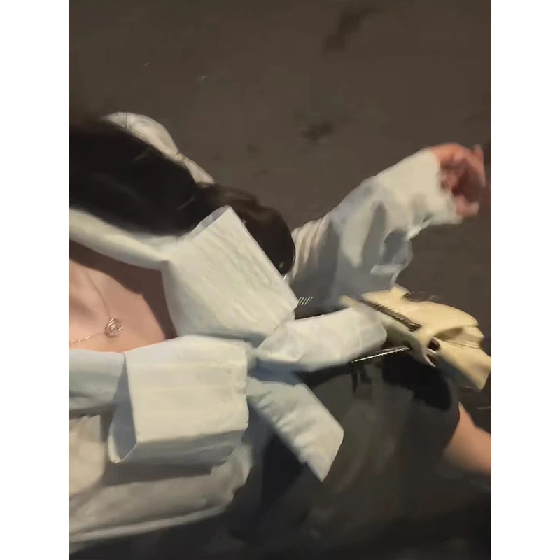 【薄荷雪糕】学院风2024秋季新款蝴蝶结长袖衬衫高腰显瘦短裙裤女装