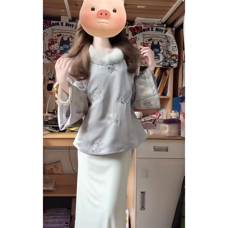 【薄荷雪糕】国风复古重工绣花时尚气质毛领长袖棉服外套修身半身裙