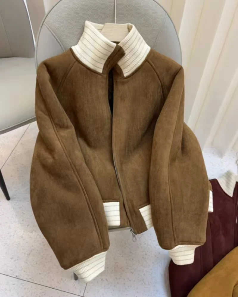【薄荷雪糕】爆款小个子洋气高级感休闲棕色立领皮拉链短款上衣外套