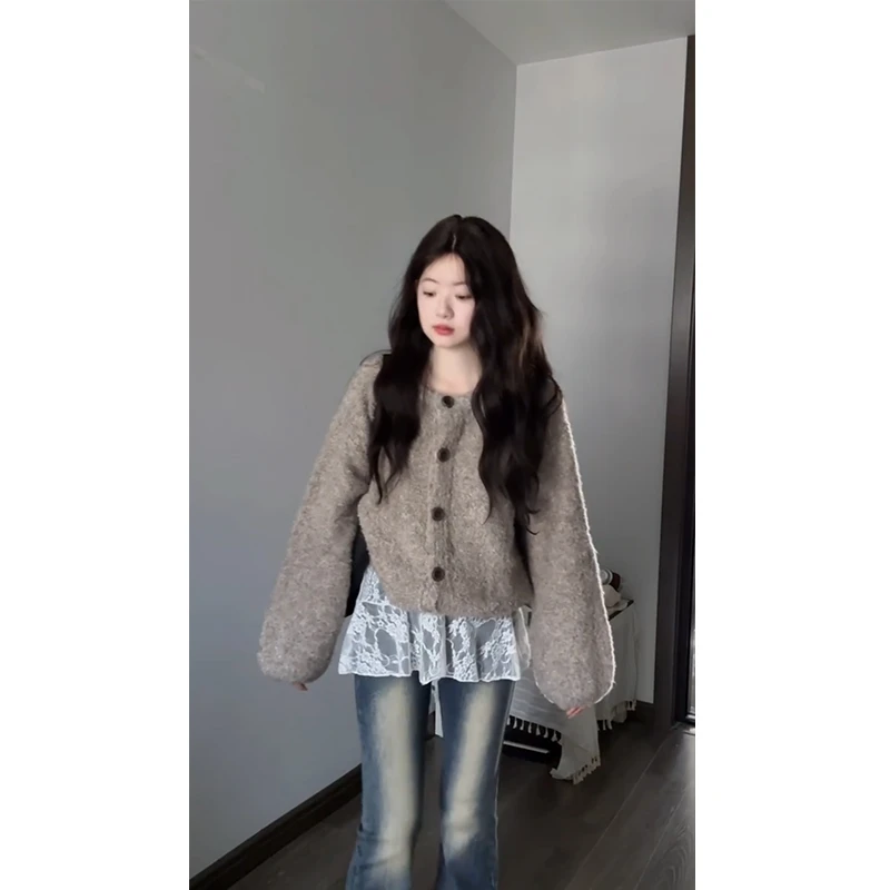 【薄荷雪糕】2024春季新款韩系减龄针织开衫毛衣外套高腰阔腿裤女装