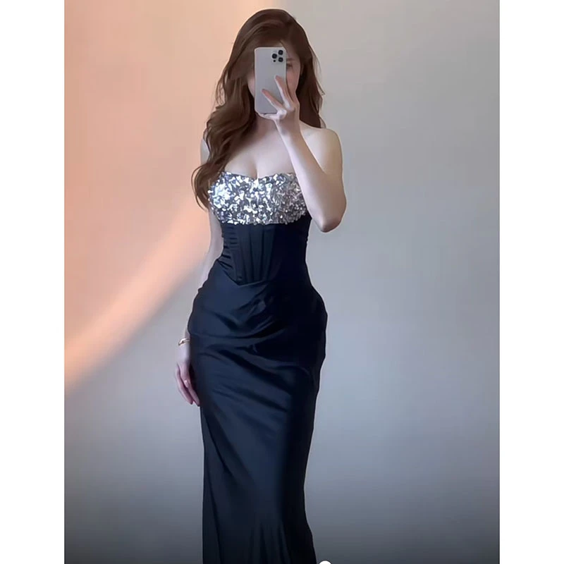 【薄荷雪糕】新款修身优雅重工爆闪水钻抹胸连衣裙褶皱一字肩包臀裙