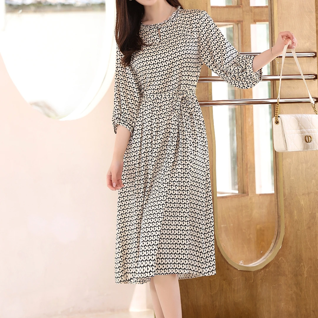 夏季真丝40-60岁妈妈装七分袖91.8%桑蚕丝气质中长款四色连衣裙