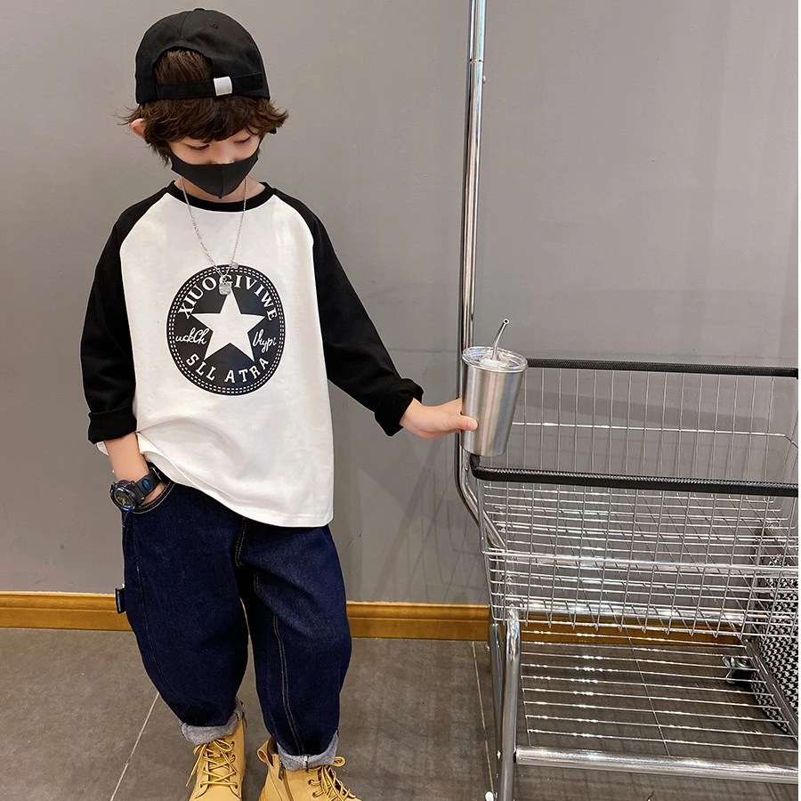 儿童洋气长袖T恤打底衫秋装新款韩版男童帅气插肩长袖上衣中大童