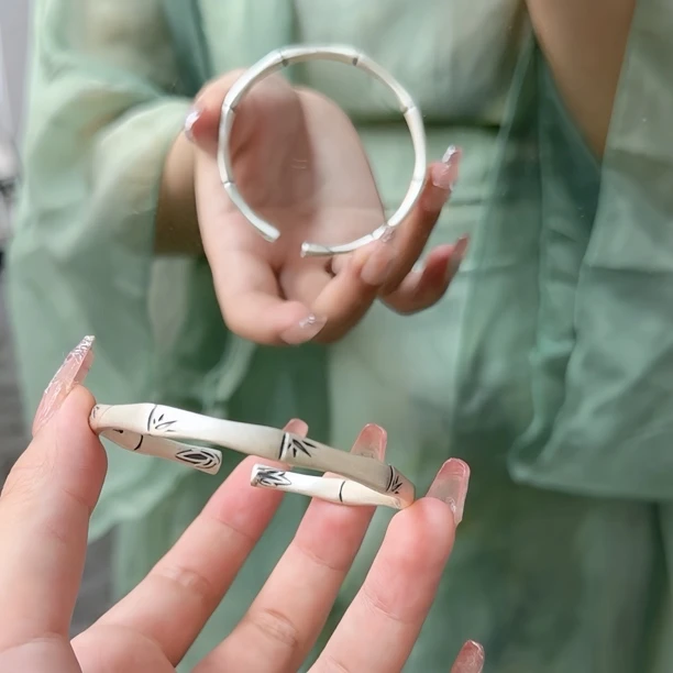 足银手镯 竹节竹叶复古开口手镯 足银999.9 手工磨砂节节高升