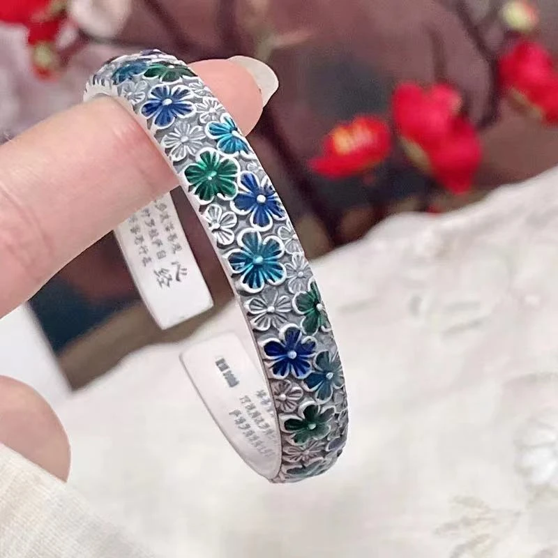 足银手镯 【遇见浮雕】足银999.9/滴彩梅花复古/古风轻奢民族风