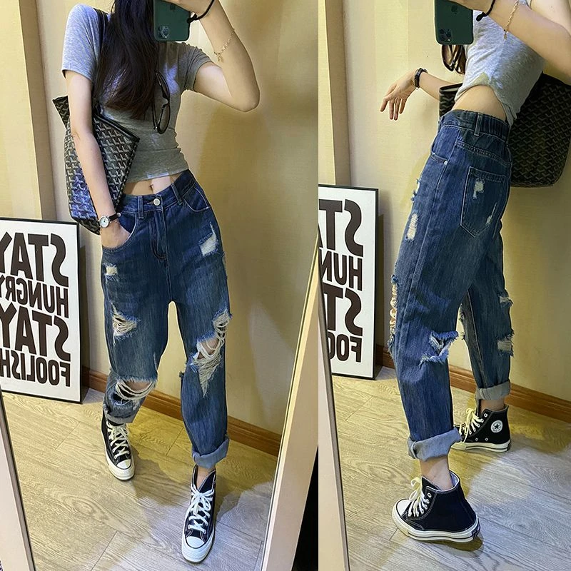 欧货2023夏季前后破洞九分大码裤女高腰宽松牛仔哈伦裤老爹垮裤潮