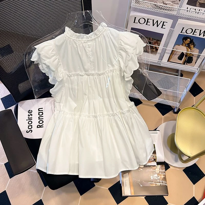 夏季设计感飞飞袖白色衬衫裙女法式宽松收腰遮肚子显瘦娃娃衫上衣