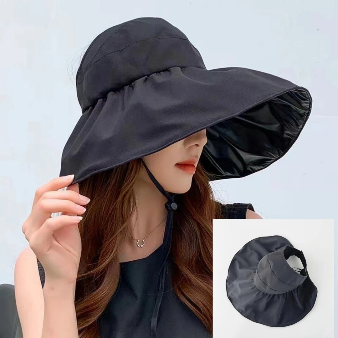 黑胶渔夫帽夏季女户外逛街帽 空顶韩版时尚休闲帽子可折叠露马尾