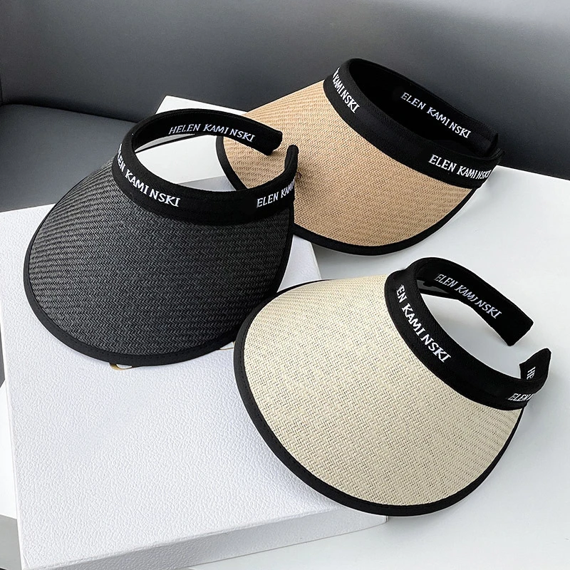 草编黑胶加强版遮阳空顶帽百搭凉帽字母大帽檐太阳帽子夏