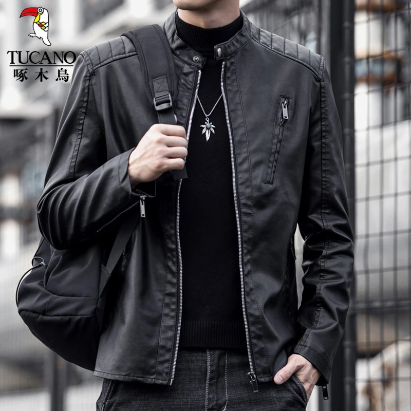 啄木鸟正品男士休闲皮衣秋季新款潮流中年修身百搭帅气皮夹克外套
