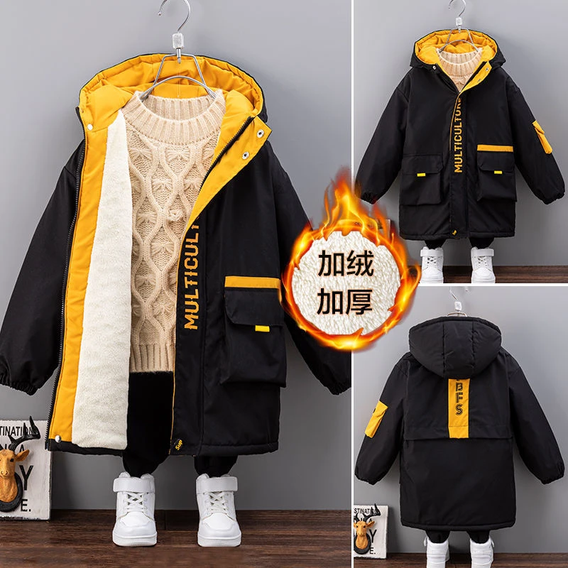 新款男童加绒加厚外套秋冬季新款夹中大童帅气中长款衣童装男风衣
