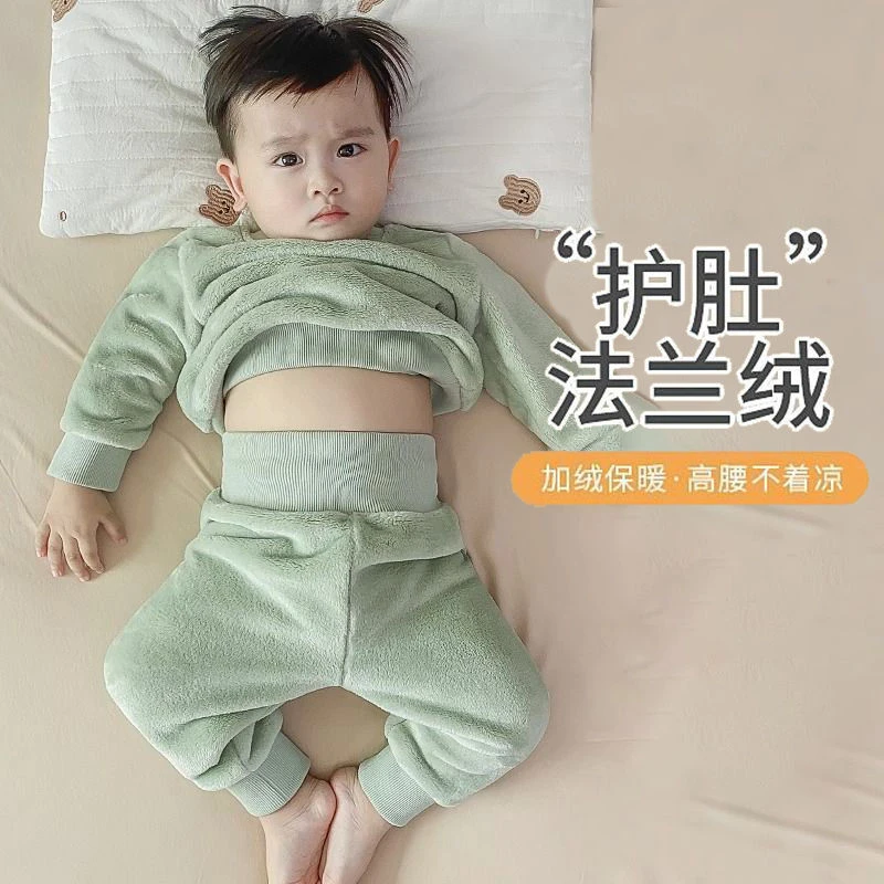 秋冬款婴儿法兰绒宝宝睡衣套装宝宝加绒加厚保暖冬季珊瑚绒衣服