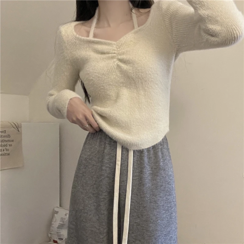 针织衫女春秋季高级感气质挂脖绑带内搭打底衫百搭修身设计感上衣