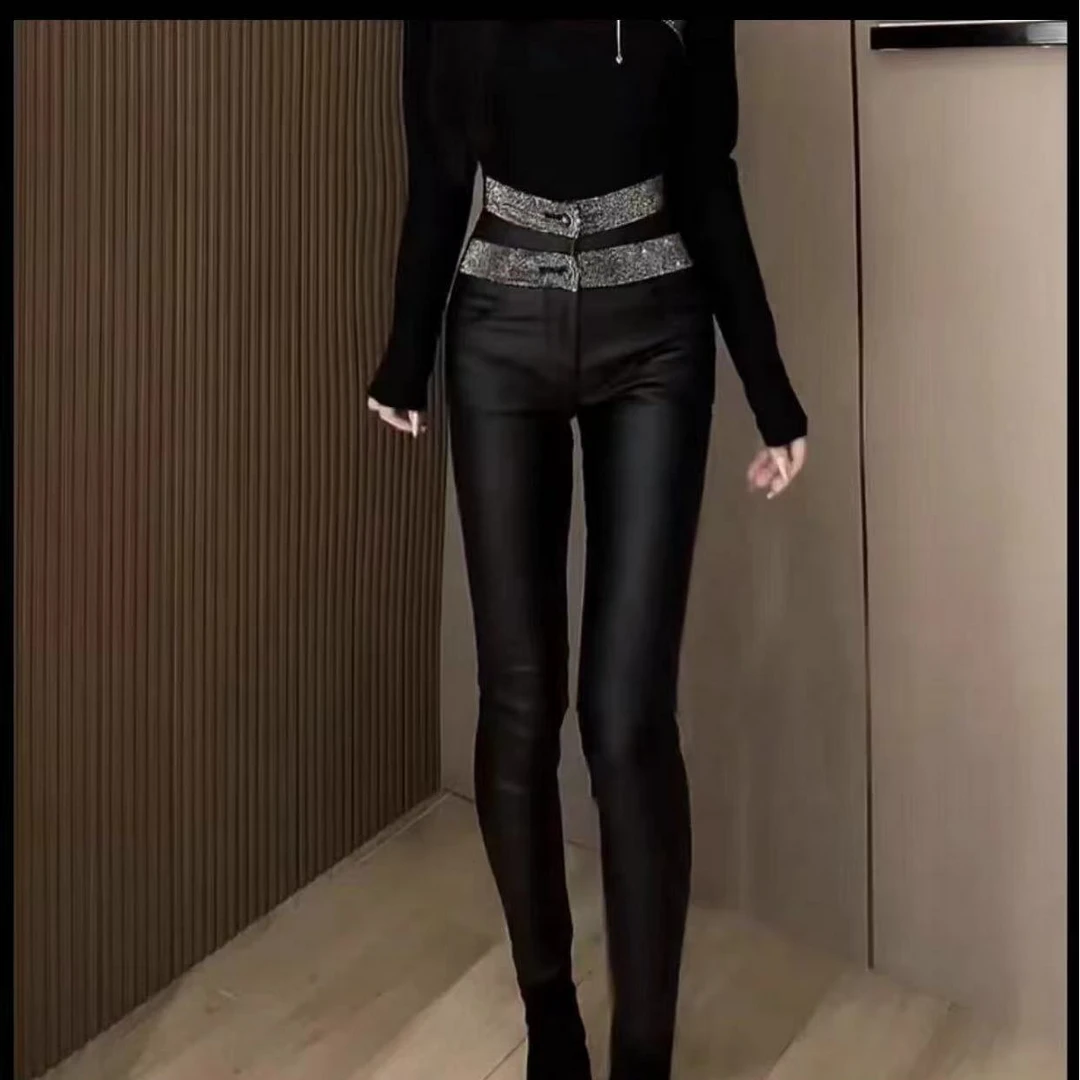 网红同款烫钻薄绒打底裤女2024秋冬新款高腰显瘦PU紧身小脚铅笔裤