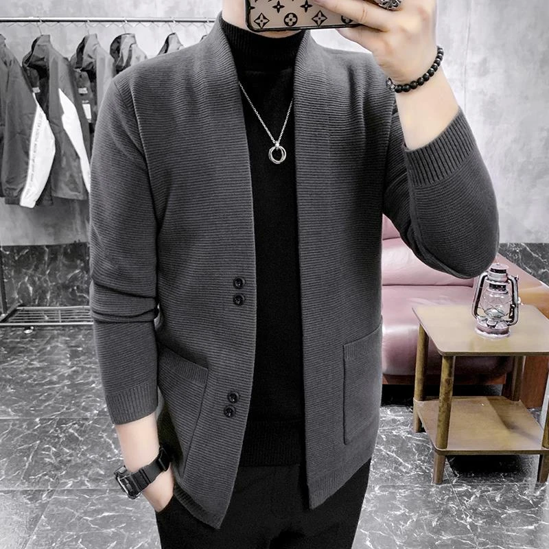 男士针织开衫韩版外套秋冬季潮流时尚百搭休闲修身毛衣外套帅气