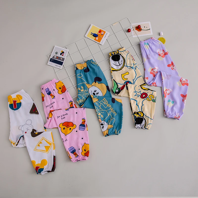 夏季儿童棉绸卡通单裤休闲家居裤中小童可爱休闲空调裤束脚裤睡裤