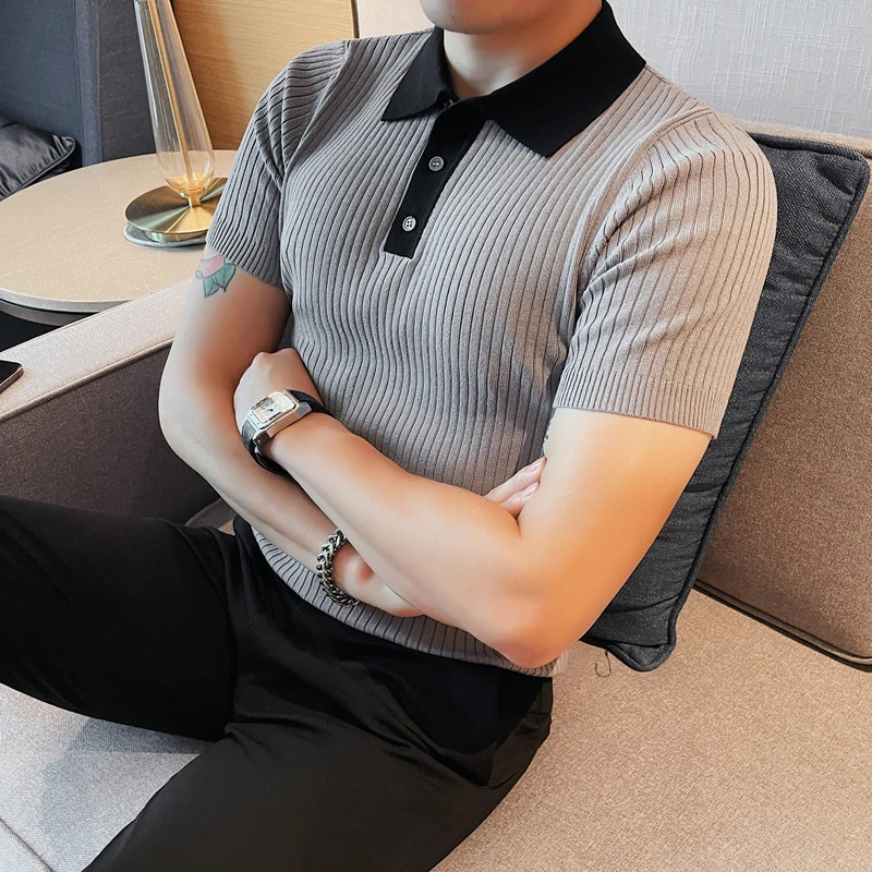 时尚潮流条纹针织短袖polo衫男士夏季新款薄款透气修身翻领T恤